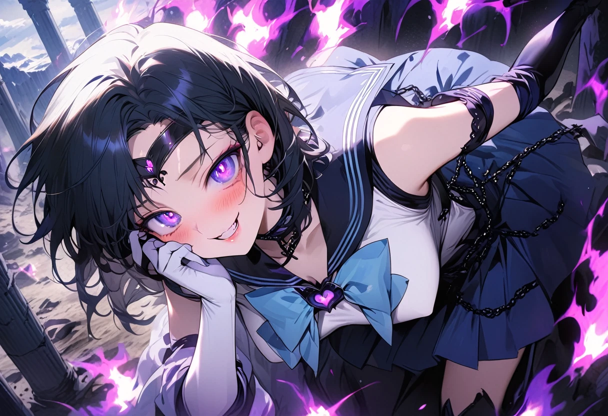 masterpiece, best quality, ultra-detailed, illustration, beautiful detailed eyes, ecstasy, happy, blush, looking at viewer, pillars of purple fire, Feeling magical energy, both hands on own face, dark persona, evil smile, Leading a ritual, aurora, wasteland, , beautiful art, high res, perfect face, detailed outfit, Dark Mercury, Mizuno Ami, blue hair, dark blue eyes, dark blue sailor collar, white leotard, black chain around the waist, black and blue bow on the chest and on the back, white elbow gloves, blue skirt, high-knee boots, black tiara, purple eyeshadow