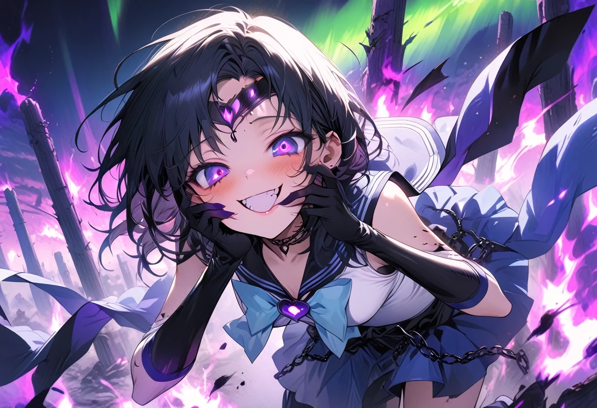 masterpiece, best quality, ultra-detailed, illustration, beautiful detailed eyes, ecstasy, happy, blush, looking at viewer, pillars of purple fire, Feeling magical energy, both hands on own face, dark persona, evil smile, Leading a ritual, aurora, wasteland, , beautiful art, high res, perfect face, detailed outfit, Dark Mercury, Mizuno Ami, blue hair, dark blue eyes, dark blue sailor collar, white leotard, black chain around the waist, black and blue bow on the chest and on the back, white elbow gloves, blue skirt, high-knee boots, black tiara, purple eyeshadow