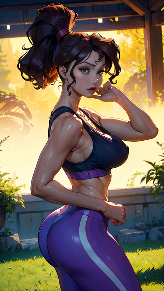 extremely delicate and beautiful, Amazing, finely detail, masterpiece, ultra-detailed, highres,best illustration, best shadow,intricate,sharp focus,  high quality, Megara, Megara from Disney, solo, long brown hair, curvy, milf, (giant breasts), sexy body, genshin impact, sports bra, yoga pants, cutesexyrobutts style