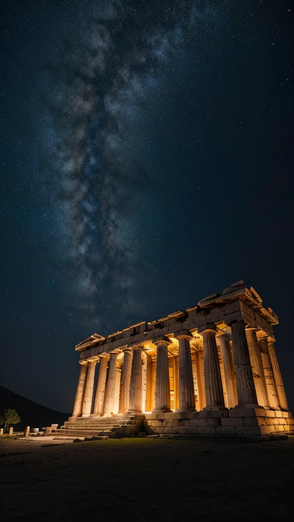 Greek temple under a starry sky: A temple lit by torches, with a night sky full of bright stars and a light enveloping haze. High contrast and focus on warm torch lights.