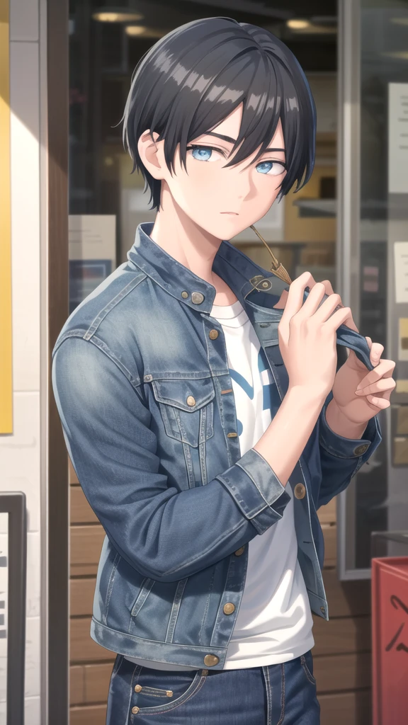 masterpiece, best quality, high quality, 1boy, solo, 14-year-old boy,male focus, looking at viewer , black hair, old-school swoop haircut,upper body ,blue jean jacket, emerald eyes,