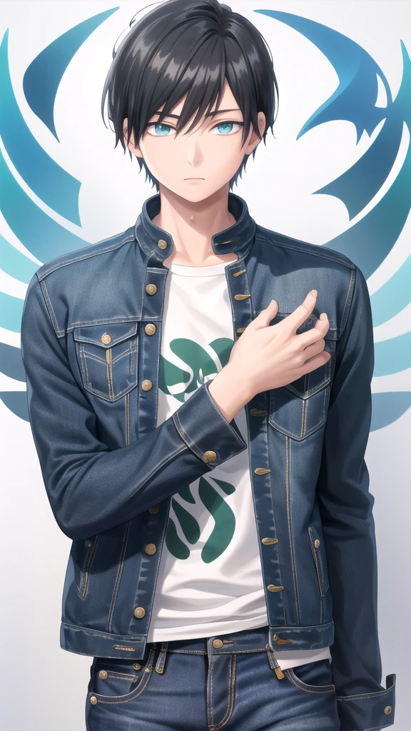 masterpiece, best quality, high quality, 1boy, solo, 14-year-old boy,male focus, looking at viewer , black hair, old-school swoop haircut,upper body ,blue jean jacket, emerald eyes,