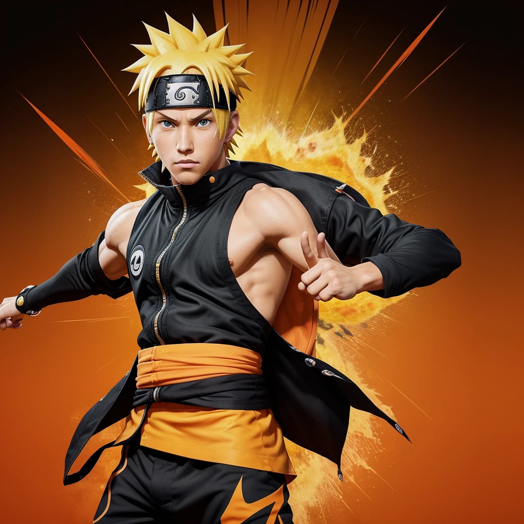 Create an illustration of Naruto Uzumaki in a dynamic pose, ready for action. He should be wearing his signature orange and black ninja outfit, complete with a headband featuring the Konoha symbol. The background should be colourful to make Naruto stand out prominently. Ensure his blond spiky hair, determined expression, and iconic accessories are accurately depicted to capture his character essence.