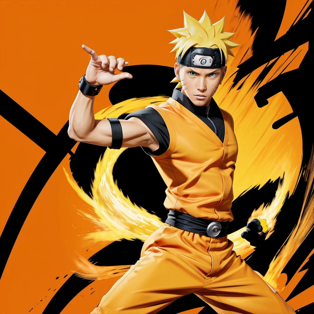Create an illustration of Naruto Uzumaki in a dynamic pose, ready for action. He should be wearing his signature orange and black ninja outfit, complete with a headband featuring the Konoha symbol. The background should be colourful to make Naruto stand out prominently. Ensure his blond spiky hair, determined expression, and iconic accessories are accurately depicted to capture his character essence.