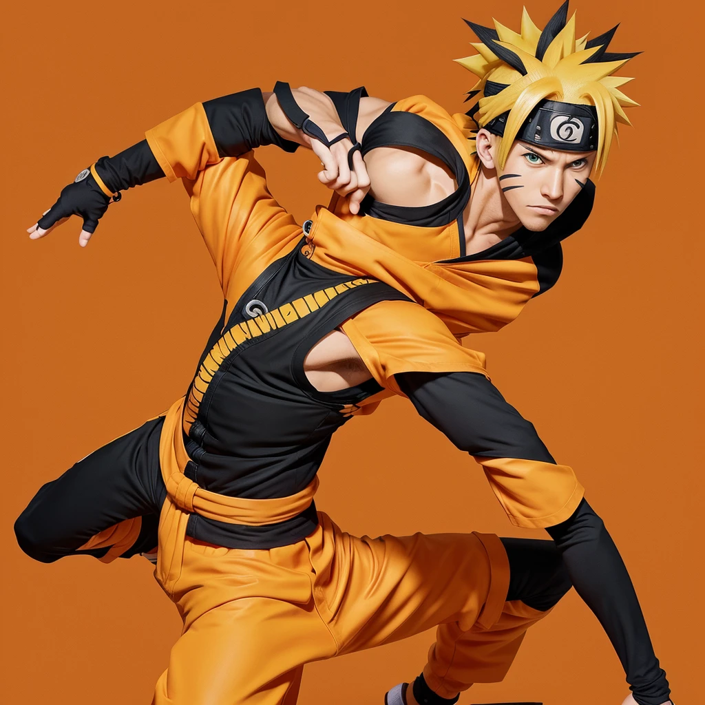 Create an illustration of Naruto Uzumaki in a dynamic pose, ready for action. He should be wearing his signature orange and black ninja outfit, complete with a headband featuring the Konoha symbol. The background should be colourful to make Naruto stand out prominently. Ensure his blond spiky hair, determined expression, and iconic accessories are accurately depicted to capture his character essence.