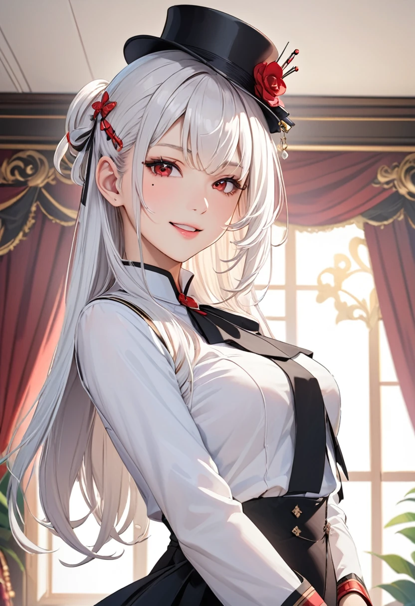 room,Idol cloth,masterpiece,best quality,White hair, Red Eyes,White shirt,(Black formal hat),(Hairpin:1.3),(Small mouth mole:1.3),Smile,high resolution,4K,Black detachable sleeves, Upper Body,