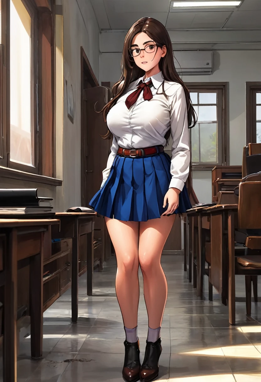 a 25 year old Italian girl with super gigantic breasts wears a consisting of a torn blouse that cannot contain her breasts and a miniskirt, has a slave collar and very long brown hair, is in the school principal's study on principal is reprimanding her