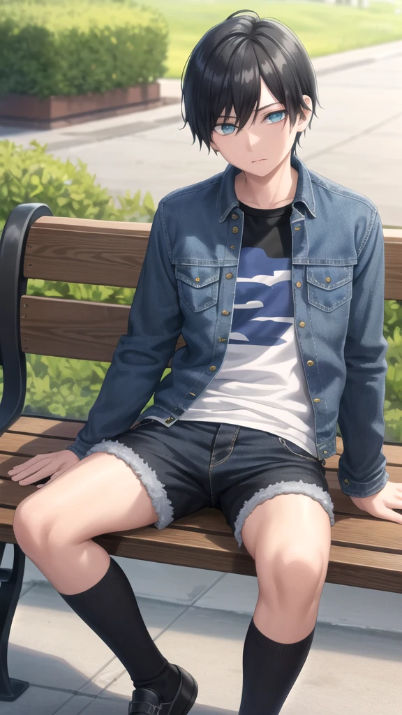masterpiece, best quality, high quality, 1boy, solo, boy,evil boy,male focus, looking at viewer , black hair, old-school swoop haircut,blue jean jacket,black shorts, emerald eyes, sitting on a bench