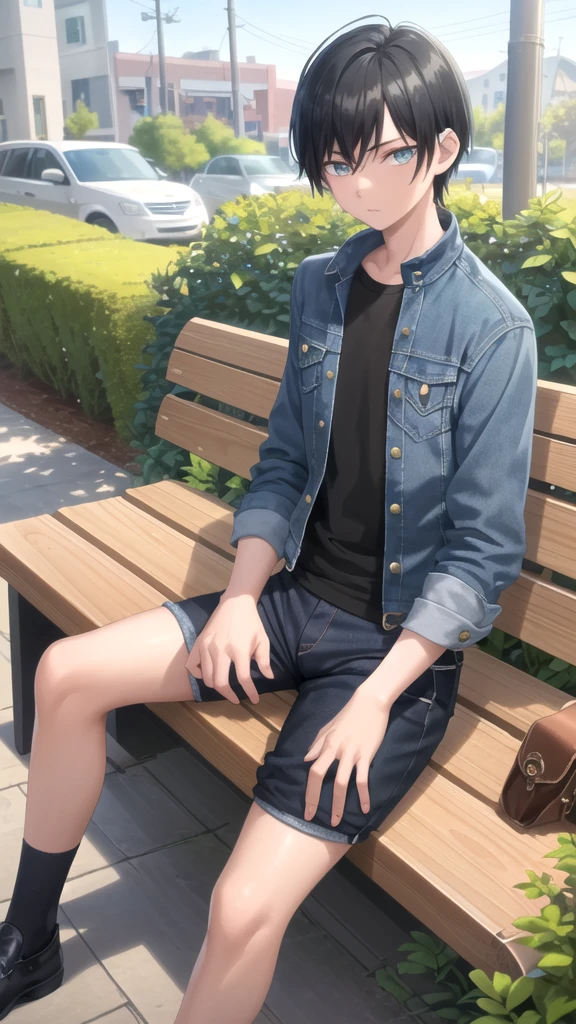 masterpiece, best quality, high quality, 1boy, solo, 14-year-old boy,evil boy,male focus, looking at viewer , black hair, old-school swoop haircut,blue jean jacket,black shorts, emerald eyes, sitting on a bench 