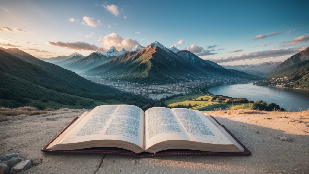 The image must present a beautiful natural landscape, like a sunset over a field or mountains, with an open Bible in the foreground. Use colors that convey peace and spirituality, como azul, doradas, and white. Add the title 'BIBLE MINUTES' with a smooth, elegant font at the top, and a smaller subtitle 'Daily reflections on the parables for your everyday life