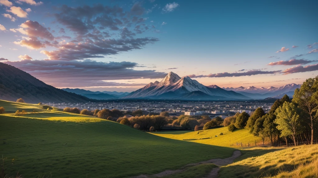 The image must present a beautiful natural landscape, like a sunset over a field or mountains, with an open Bible in the foreground. Use colors that convey peace and spirituality, como azul, doradas, and white. Add the title &#39;BIBLE MINUTES&#39; with a smooth, elegant font at the top, and a smaller subtitle &#39;Daily reflections on the parables for your everyday life