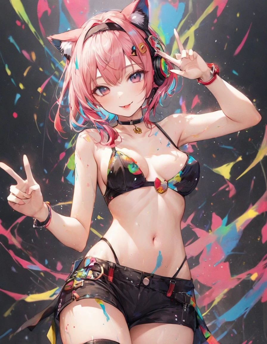 ((mika pikazo style)), colorful eyes, masterpiece, solo, 1 girl, topless, large nipples, nipples, black shorts, beautiful art, vibrant, colorful, medium breasts, multicolored hair, cat ear headphones, full bangs, teen, body, narrow waist, slender legs, hairband, choker, smiling, peace sign, spats, navel, thigh strap, abstract, paint splash, pink hair, tongue out, long tongue, short hair, hair ornaments, paint on body