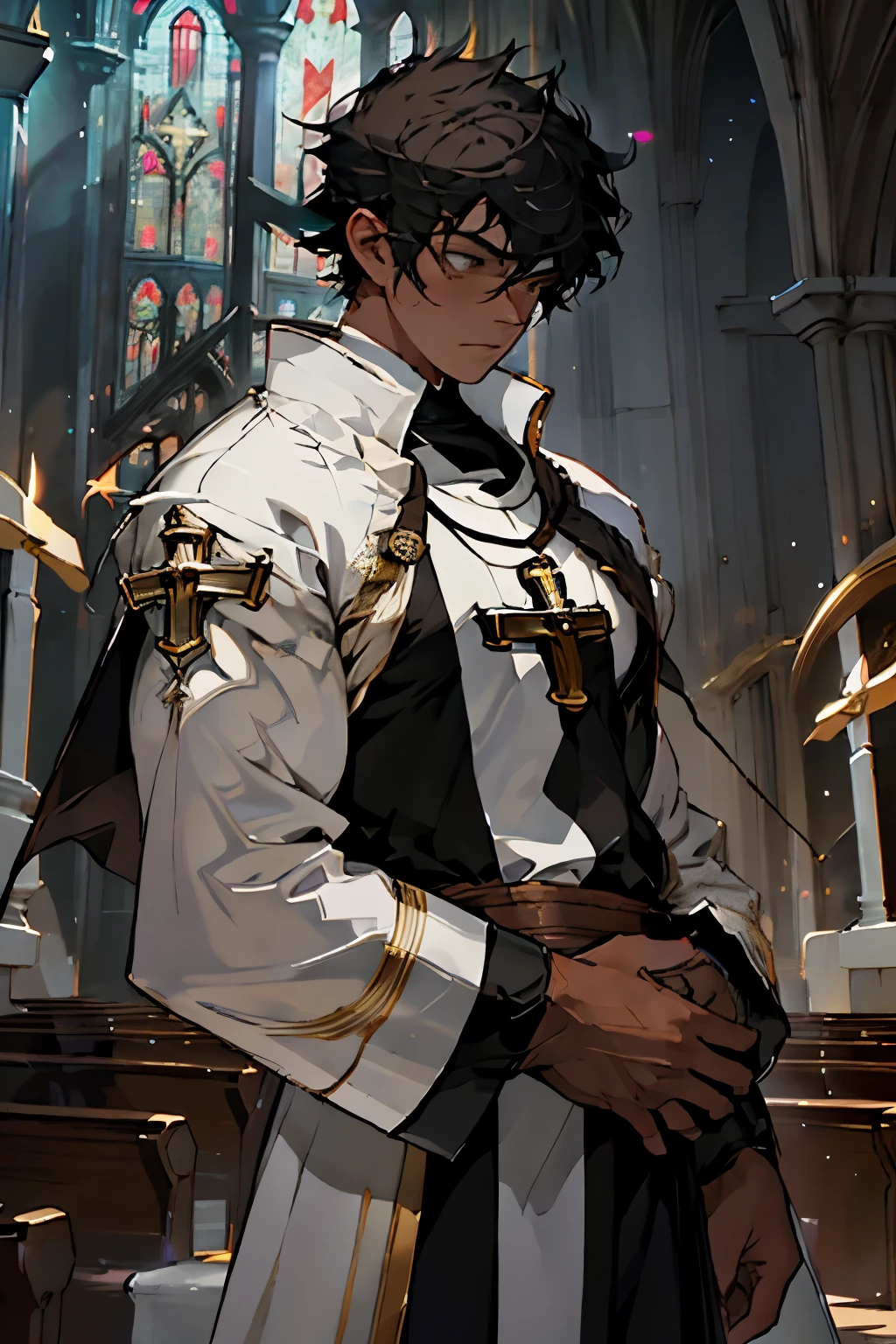 a black guy with brown short hair, light domain cleric, priest, in a church