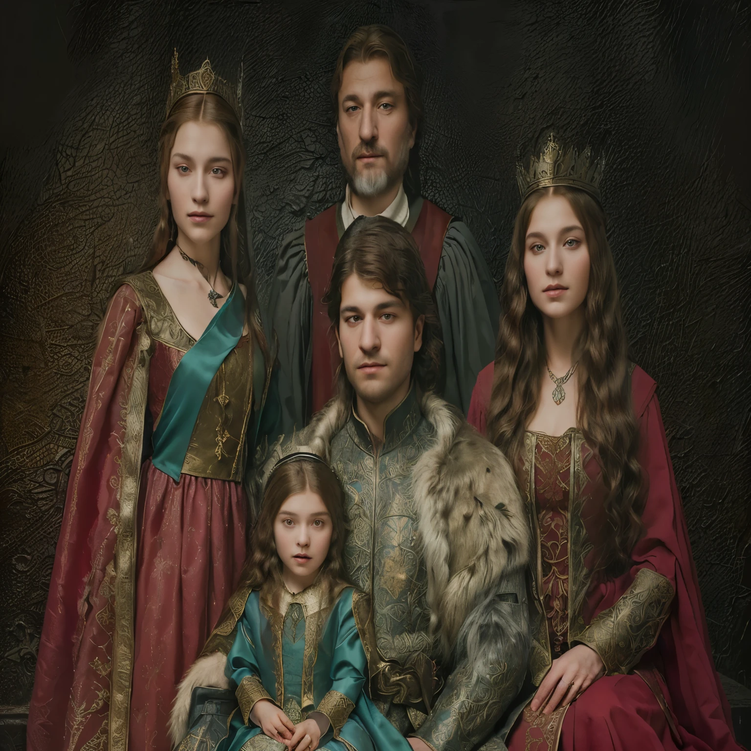 arafed family dressed in medieval clothing posing for a photo, family portrait, medieval portrait, by Artur Tarnowski, realistic renaissance portrait, by Galen Dara, royal portrait painting, royal portrait, by Nikola Avramov, by Mikhail Evstafiev, game of thrones style, renaissance digital painting, maxim sukharev, family photo