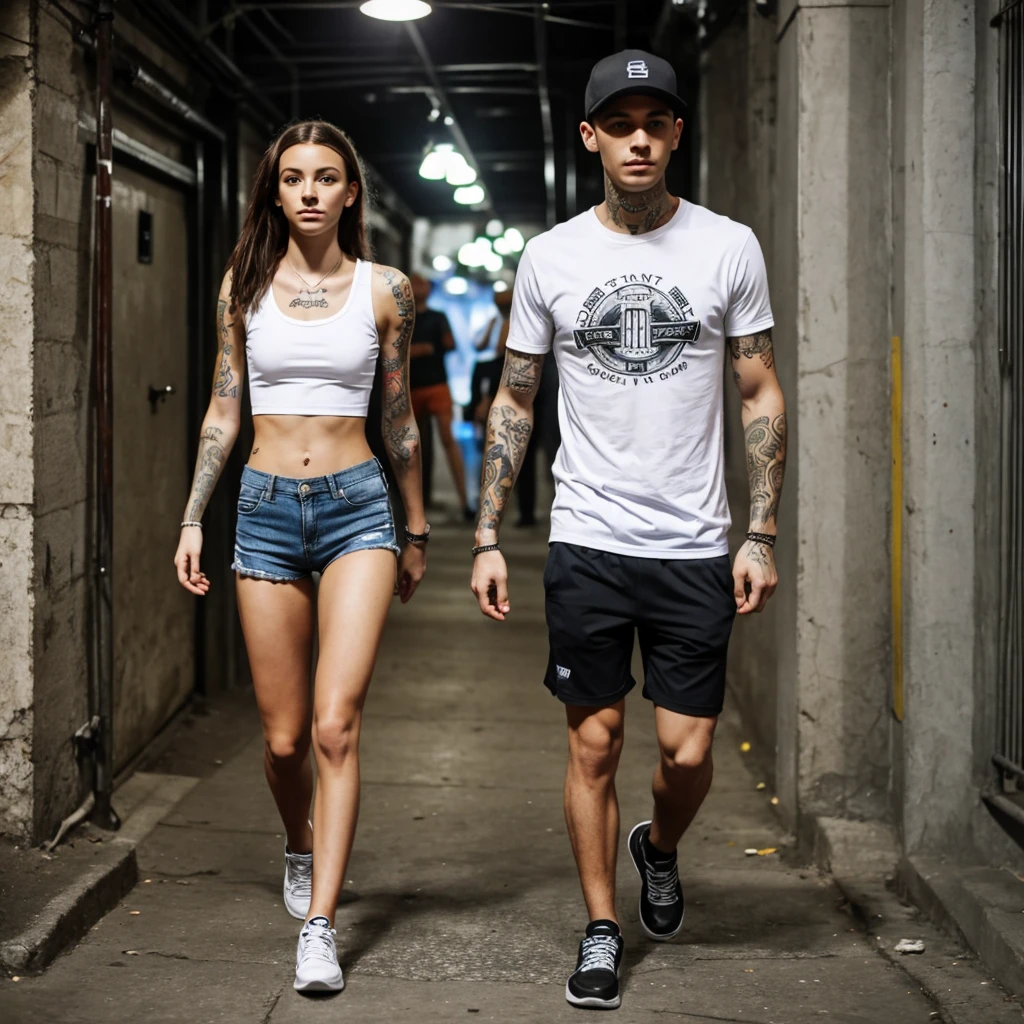 A guy with a girl with tattoos , Skinny, in athletic shorts, Ukraine, underground, street style