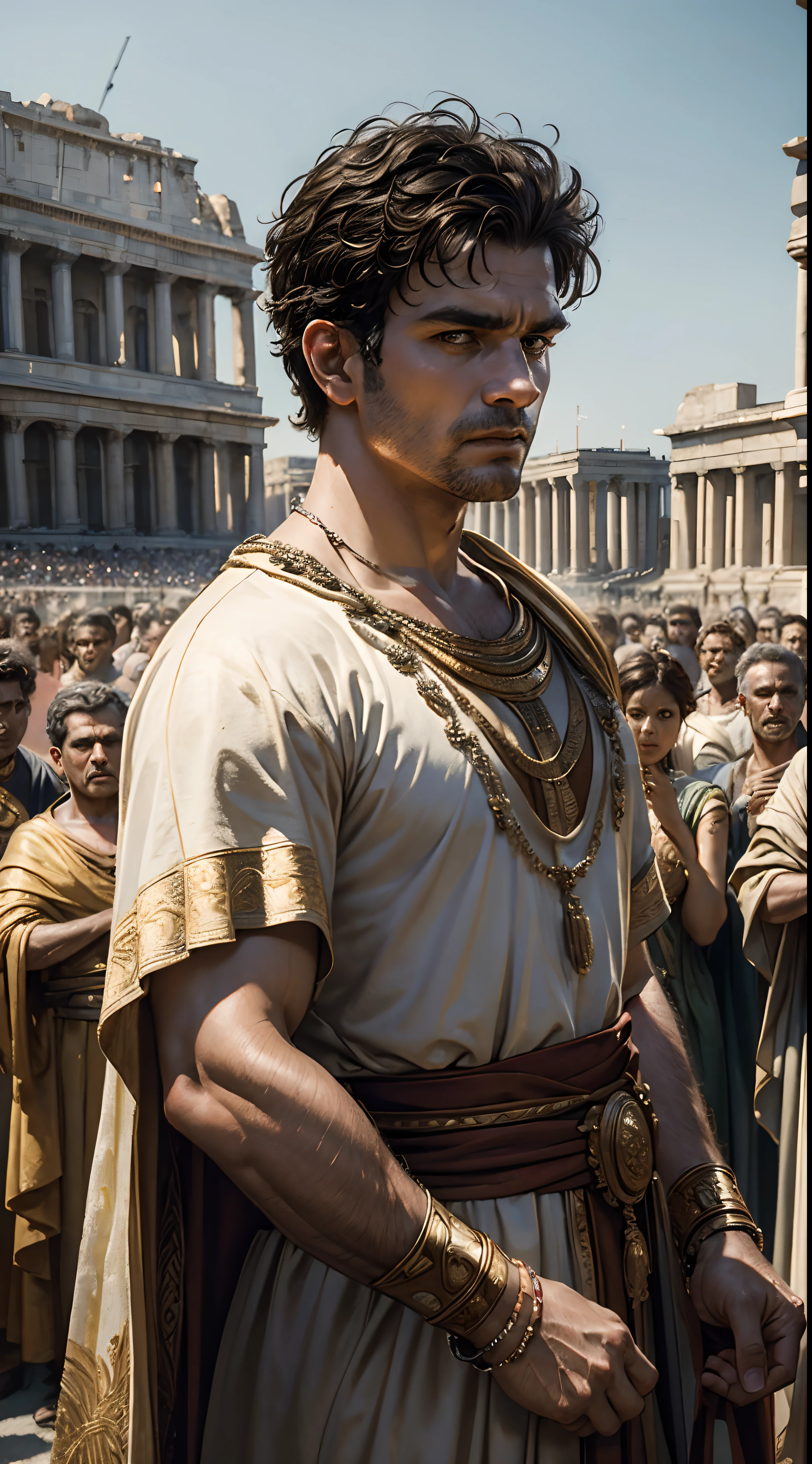 ((Best Quality, 8k, Masterpiece: 1.3)), RAW photo, Photorealistic portrait of Mark Antony standing looking at the crowd, Roman politician, General romano, Royal warrior clothing, cinematographic, high detailed, Visually impressive, natural look