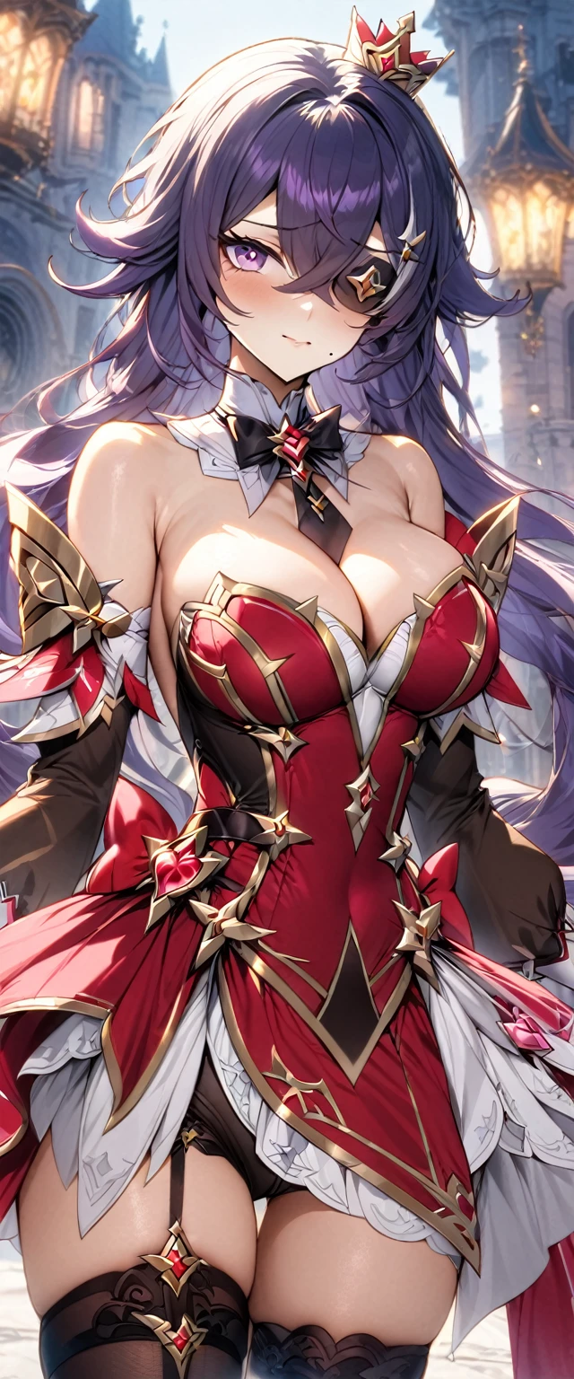 (masterpiece), best quality, expressive eyes, perfect face,1girl, chevreuse_\(genshin_impact\),magical girl,(magical girl costume:1.4),eyepatch,(little crown), white_gloves, bare_shoulders,purple hair mole_under_mouth, puffy_detached_sleeves, gold_trim, red_dress,elegant layered skirt,(showgirl skirt),detached_collar,purple eyes,white_pupils, black_necktie, two-tone_dress,thighhigh heels,Victorian castle background,soft lighting,cowboy shot, looking at viewer,shy smile,big breasts,cleavage