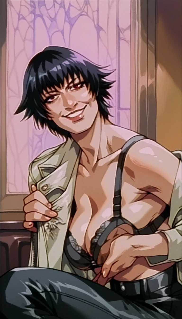 rating_explicit, beautyful woman, detailed, lady from devil may cry, black bra, black pants, naughty smile, milf