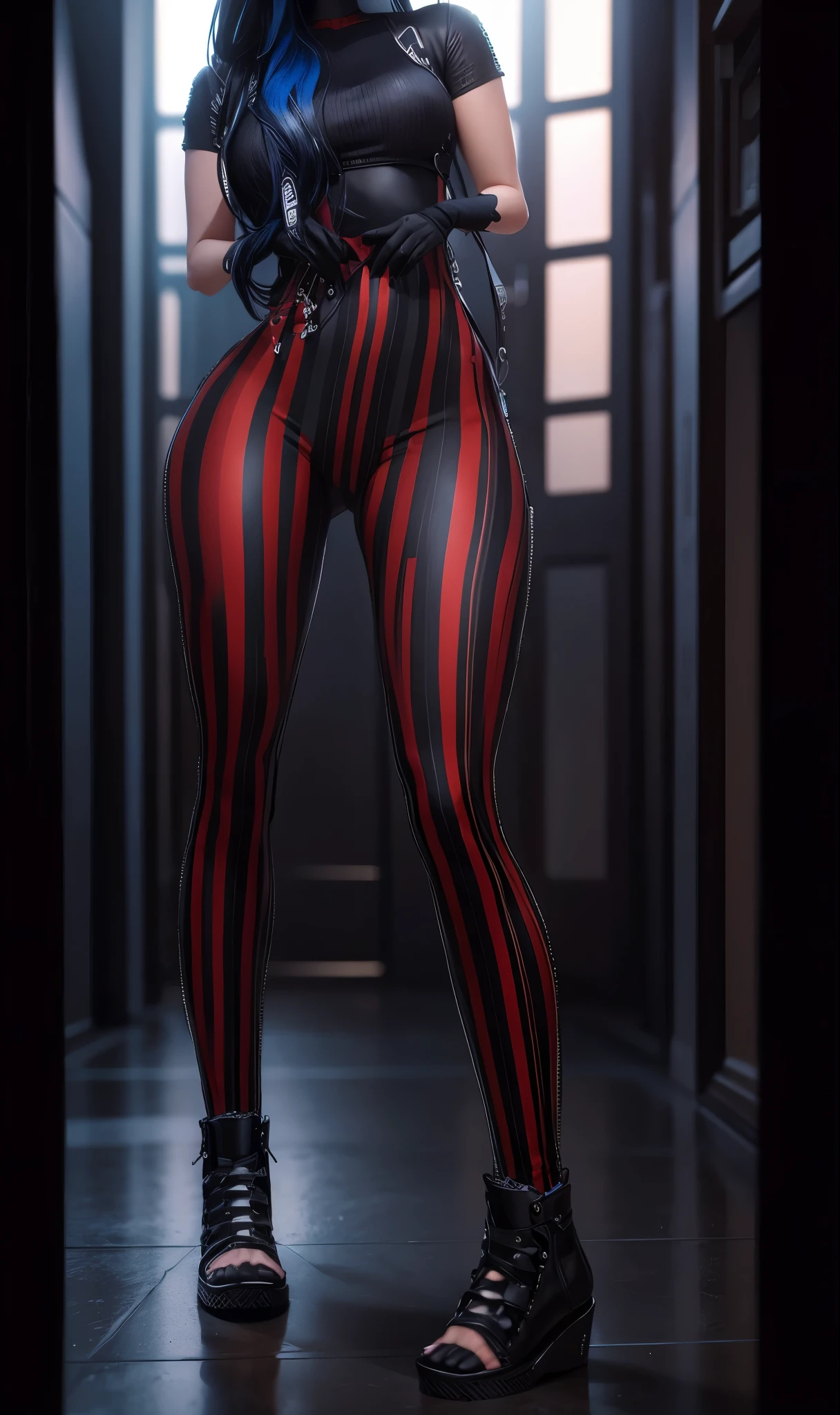 AVATAR SECOND LIFE Korean girl black black jumpsuit, asian blue hair,  Perfect and detailed face, imvu, maximalist details, AVATAR SECOND LIFE Korean blouse and pants , neon, 