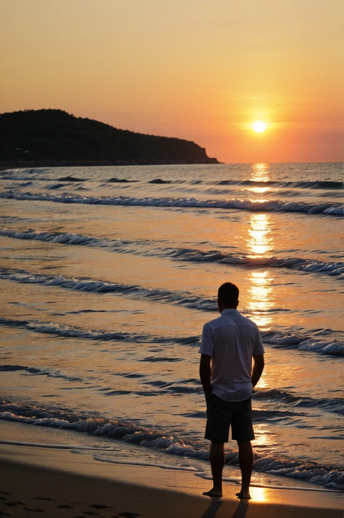 A man on beach at sunset looking in the see