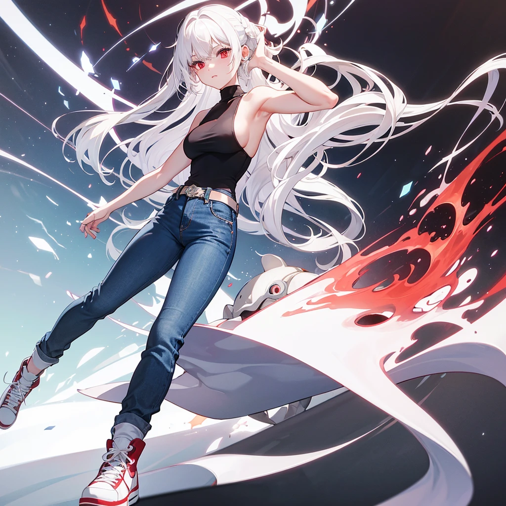 White hair , dark red eyes,a sleeveless turtleneck shirt a bright blue converse jean pants,her hair is down,