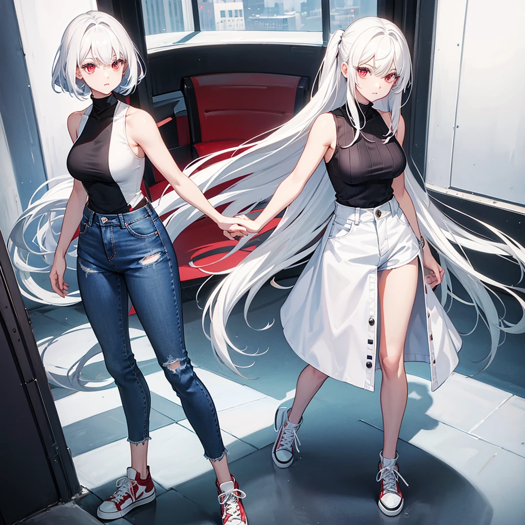 White hair , dark red eyes,a sleeveless turtleneck shirt a bright blue converse jean pants,her hair is down,