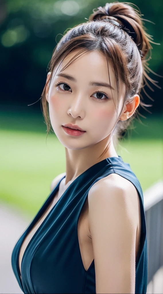 Shiny blue shirt with rubber texture、(Large Breasts:1.4)、Japanese、Gravure idol、Cute 18 year old girl,Black hair in a ponytail, masterpiece, 最high quality, 超high quality, high quality, High resolution, 超High resolution, Absurd, 4K, 8k, 16K, Very detailed, Realistic, photo Realistic, RAWphotograph, photograph, Super Fine Illustration,Beautiful Face、Realistic Face、(Ultra detailed hair)、(Ultra-detailed eyes)、Beautiful details、Realistic Skin、Perfect Anatomy、(Detailed skin)、Beautiful Skin、Charm、Ultra high definition、Ultra-realistic、Correct Anatomy, Perfect proportions