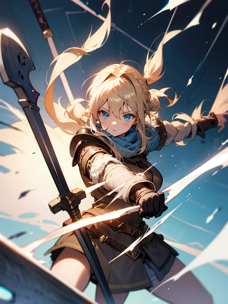 Anime Girl, Swinging Big Axe, Blue eye [Blond hair, braid] [Nordic, Brown armor decorated with fur] Blue scarf, electric current, dark
