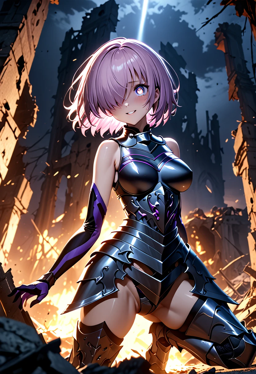 (masterpiece, top quality, best quality, beautiful and aesthetic:1.2), full body, SFW, extremely detailed, detailed face and eyes, detailed hands, cinematic light, depth of field, 1girl, seducing smile, solo, official, (full armored knight:1.4), dark armor, mash kyrielight, light purple hair, short hair, hair over one eye, slim body, cinematic lighting, dramatic lighting, dramatic atmosphere, hyper-realistic, high resolution, stunning contrast, high quality, best quality, 8k, 4k, intricately detailed, (amazing details:1.2), highly detailed skin, powerful presence, vibrant colors, (detailed eyes:1.2), striking eyes, (detailed background), (warzone on background, night, ruins), (dynamic angle:1.2), (dynamic pose:1.2)