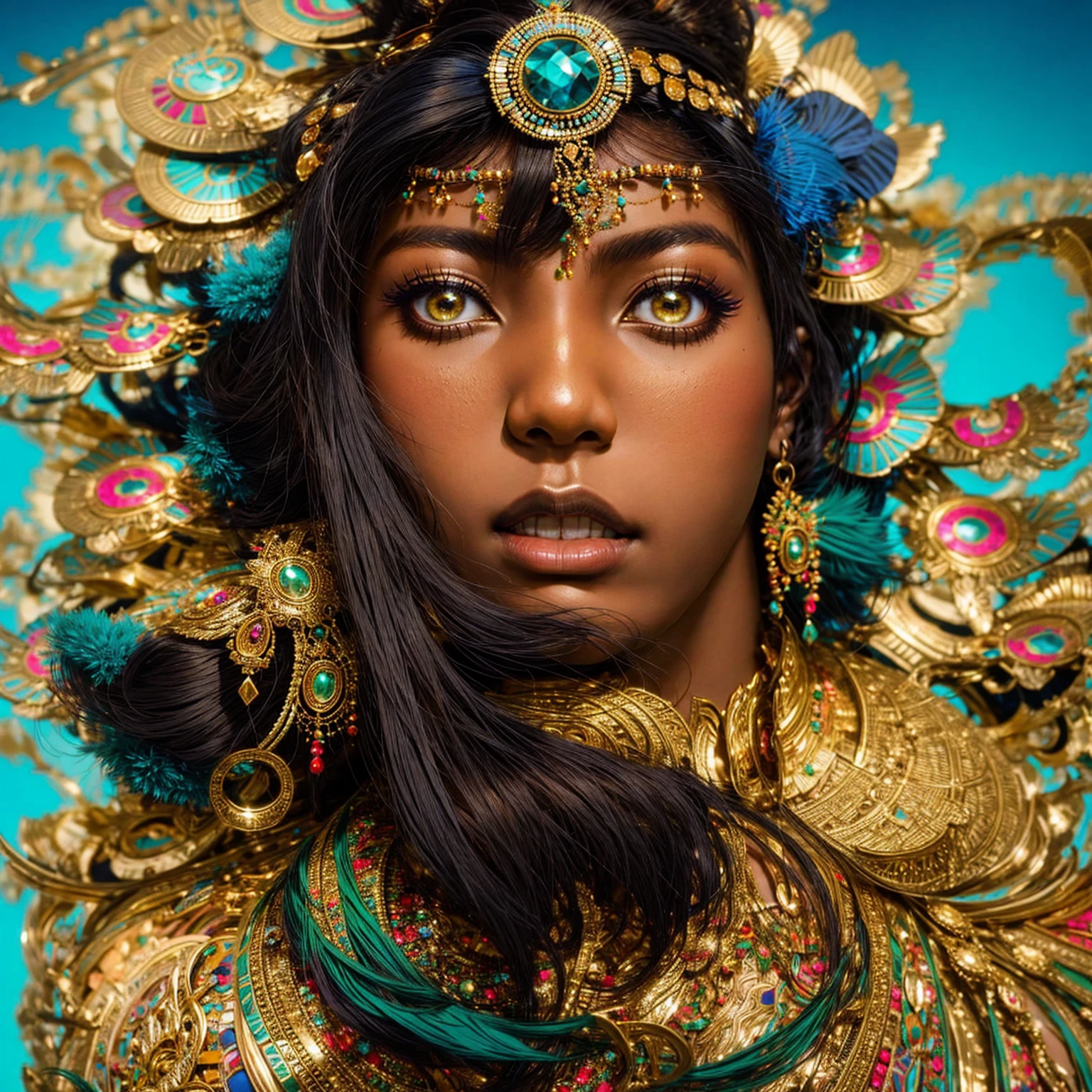 a woman with a colorful headdress and feathers on her head, stunning african princess, black african princess, dark skin female goddess of love, gorgeous  woman, Dona africana, Queen African, Afrofuturist, Afrofuturist, arte linda, foto de uma black female, black female, Um portrait stunning de uma deusa, cute portrait, black young woman, portrait stunning, african arts