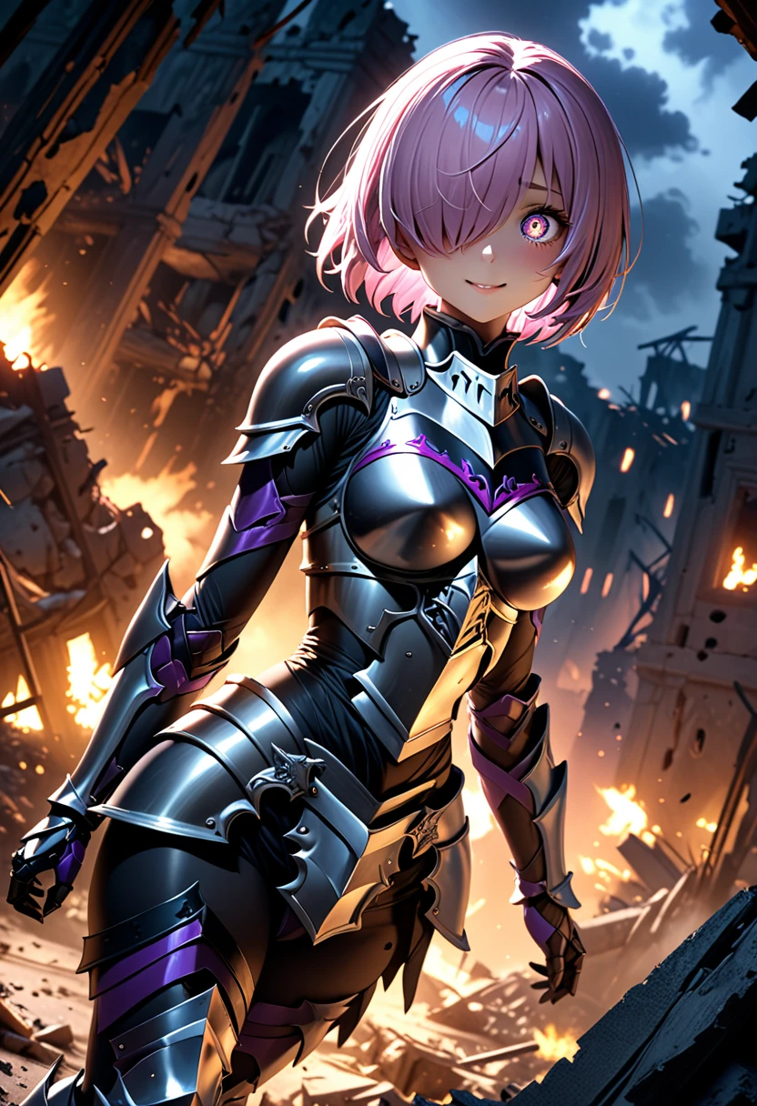 (masterpiece, top quality, best quality, beautiful and aesthetic:1.2), full body, SFW, extremely detailed, detailed face and eyes, detailed hands, cinematic light, depth of field, 1girl, seducing smile, solo, official, (full armored knight:1.4), dark armor, mash kyrielight, light purple hair, short hair, hair over one eye, slim body, cinematic lighting, dramatic lighting, dramatic atmosphere, hyper-realistic, high resolution, stunning contrast, high quality, best quality, 8k, 4k, intricately detailed, (amazing details:1.2), highly detailed skin, powerful presence, vibrant colors, (detailed eyes:1.2), striking eyes, (detailed background), (warzone on background, night, ruins), (dynamic angle:1.2), (dynamic pose:1.2)