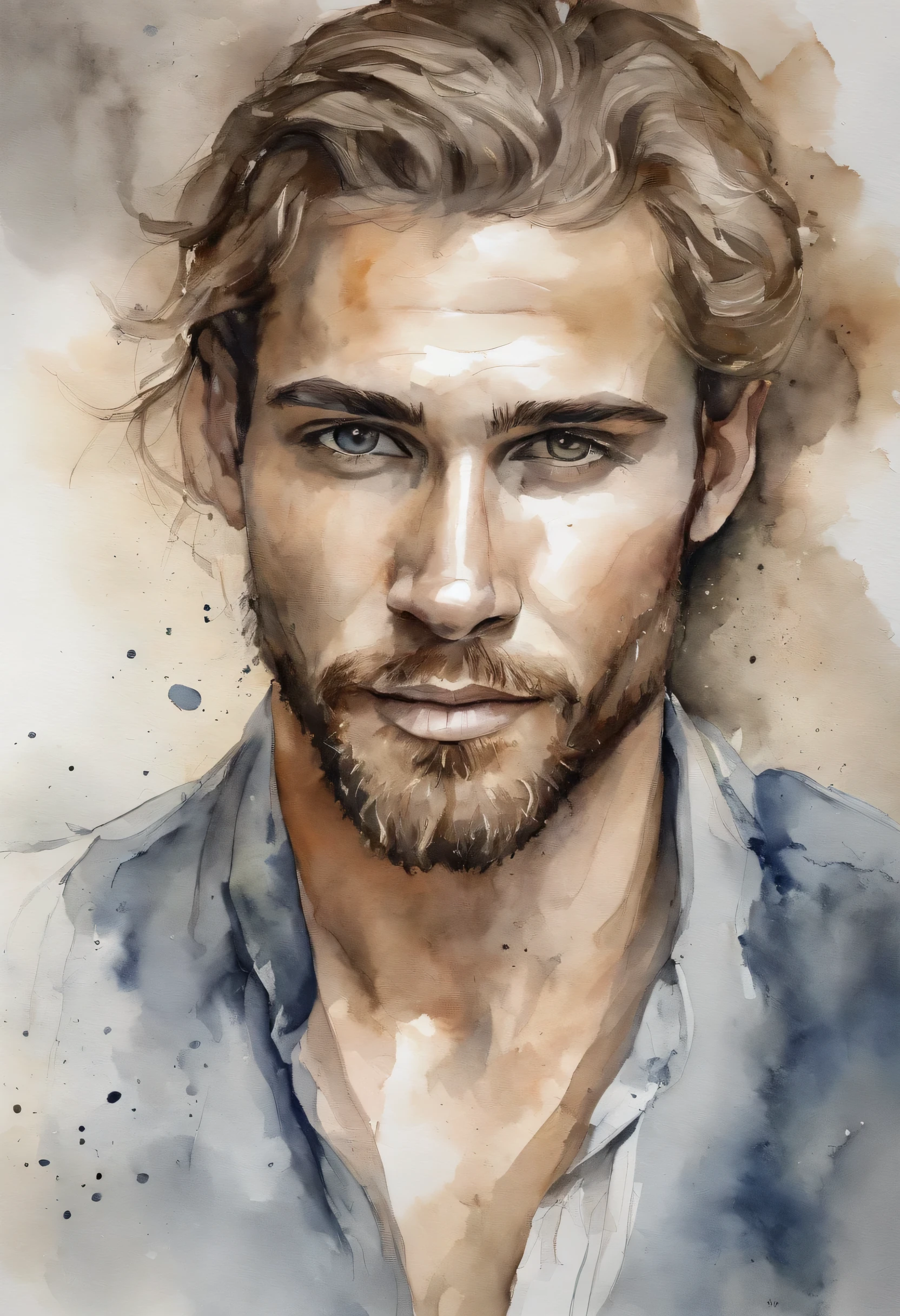 Pale skin and slender face. Ethnic Romanian with messy blonde hair and short beard. Vestindo um terno preto e camisa preta, with intense steaming almond eyes. Senso de poder e autoridade. A robust appearance. young man. olhos em camadas