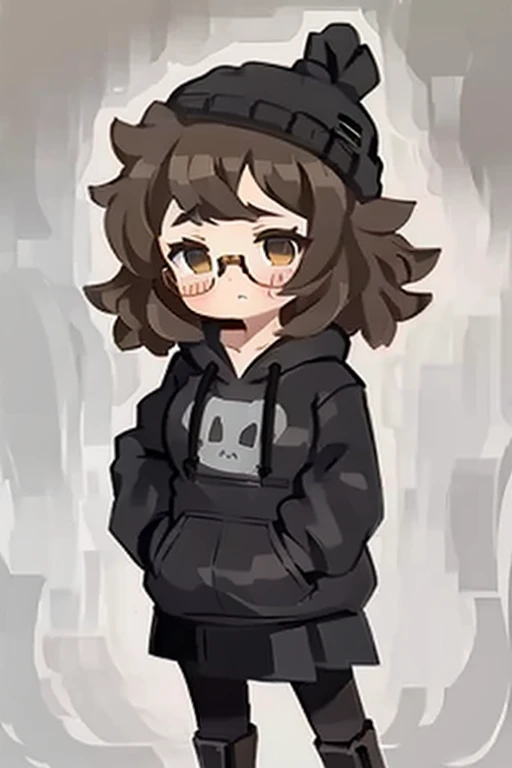 female with short and curly brown hair long boots with a skirt and a black hoodie and kitty knot beanie black, and glasses