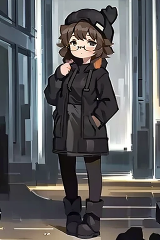 female with short and curly brown hair long boots with a skirt and a black hoodie and kitty knot beanie black, and glasses