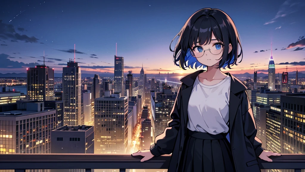 1girl, solo, blue eyes, (detailed eyes), flat chest, short hair, black hair, ((white t-shirt)), simple t-shirt, black skirt, black socks, standing, upper body, ((masterpiece, illustration, best quality)) girl in a blue coat Wear sunglasses Behind is the cityscape in the evening. There are twinkling lights of the city amidst the blue, blue, and purple sky. Cool girls stand on high balconies or bridges. Looking out at the city with a confident and calm expression. The colors of the picture emphasize the dramatic tone. close up to the face