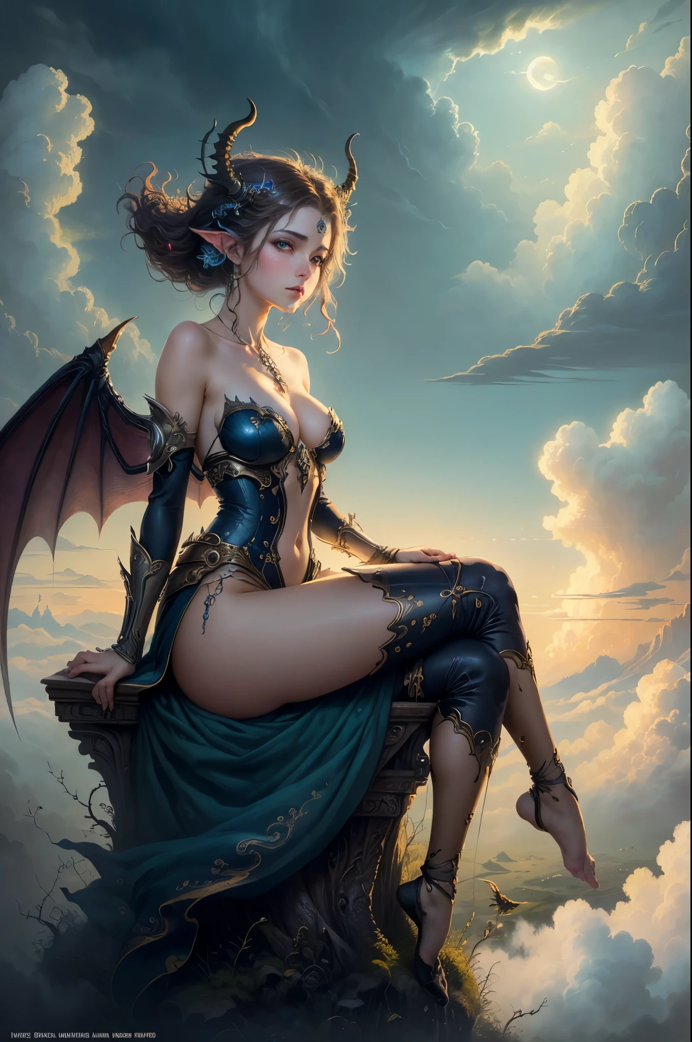 ((best quality)), ((masterpiece)), (detailed), alluring succubus, ethereal beauty, perched on a cloud, (fantasy illustration:1.3), enchanting gaze, captivating pose, delicate wings, otherworldly charm, mystical sky, (Luis Royo:1.2), (Yoshitaka Amano:1.1), moonlit night, soft colors, (detailed cloudscape:1.3), (high-resolution:1.2)