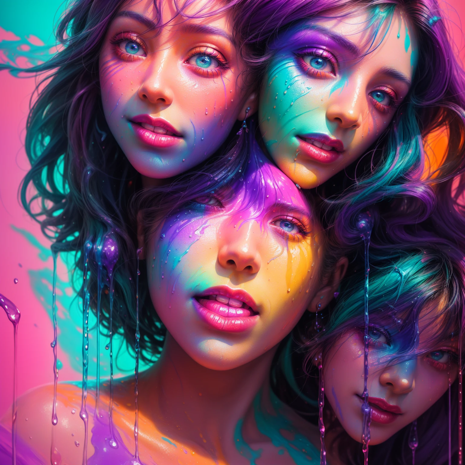 a close up of a sculpture of a woman with purple and orange paint, dripping with color, face submerged in colored oils, 3d digital 4k, colorful melted human head, vibrant colors hyper realism, cute digital art, color Art, Beeple e Jeremias Ketner, vibrant digital painting, detailed painting 4k, beautiful art uhd 4k