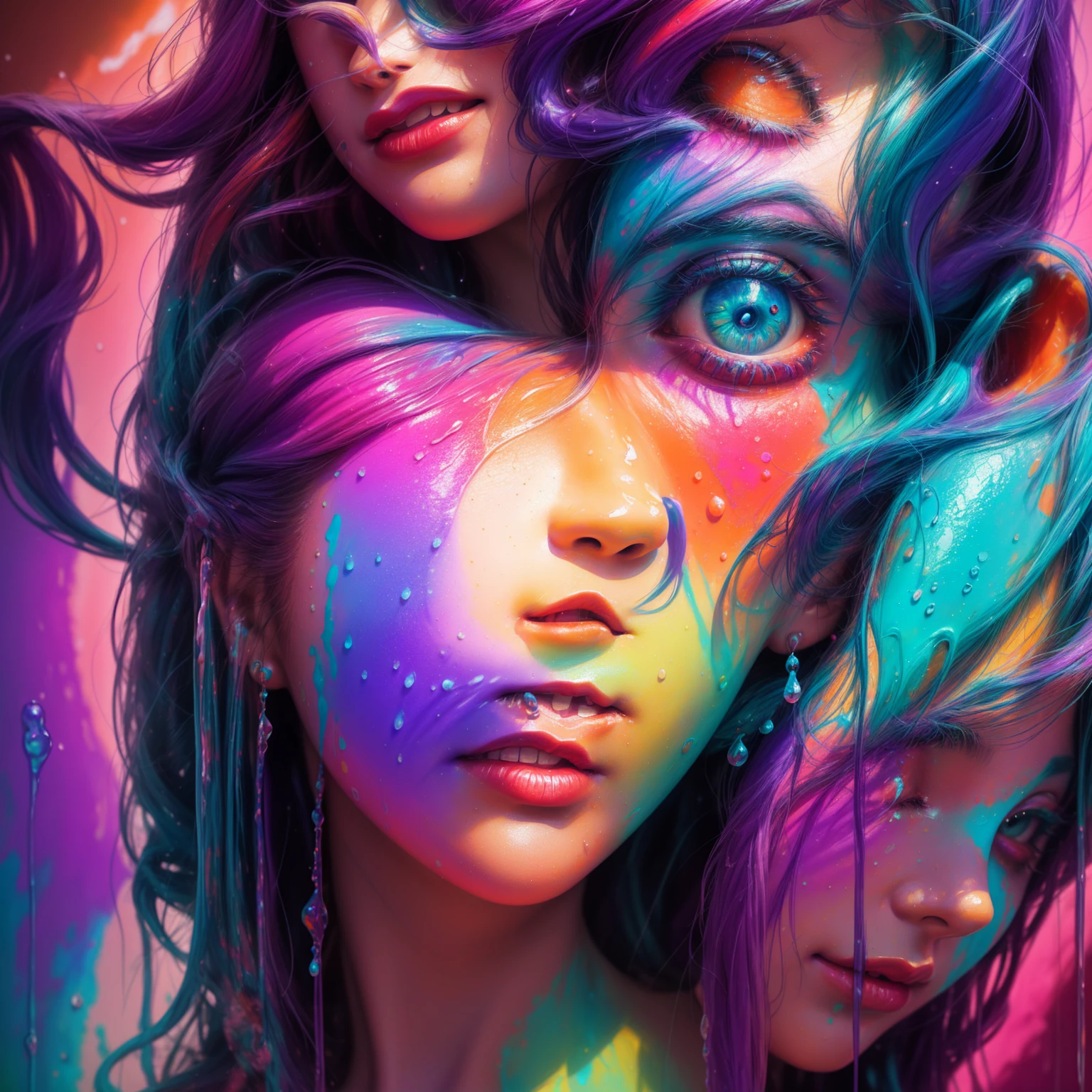 a close up of a sculpture of a woman with purple and orange paint, dripping with color, face submerged in colored oils, 3d digital 4k, colorful melted human head, vibrant colors hyper realism, cute digital art, color Art, Beeple e Jeremias Ketner, vibrant digital painting, detailed painting 4k, beautiful art uhd 4k
