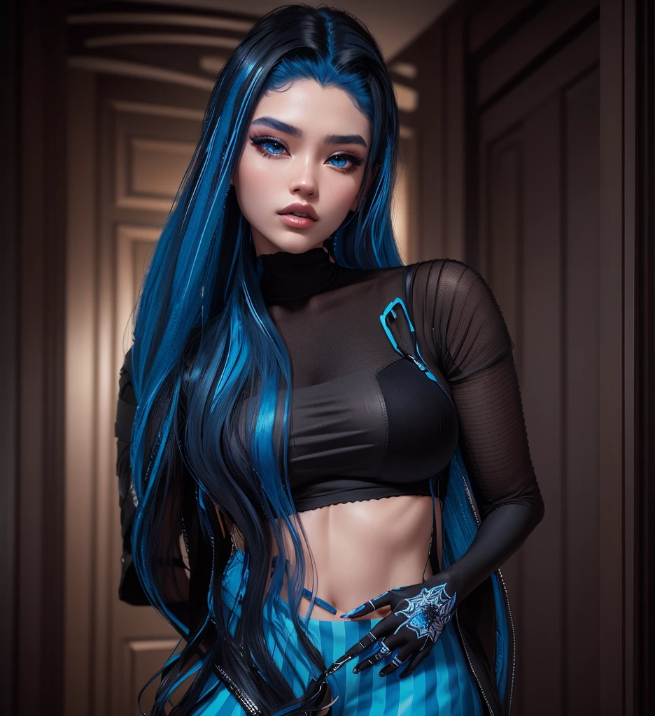 AVATAR SECOND LIFE Korean girl black black jumpsuit, asiática hair blue, hair blue, hair blue, Perfect and detailed face, imvu, maximalist details, AVATAR SECOND LIFE Korean blouse and pants , neon, hair blue,, hair full blue, hair blue, all blue hair, ASIAN GIRL, KOREAN GIRL