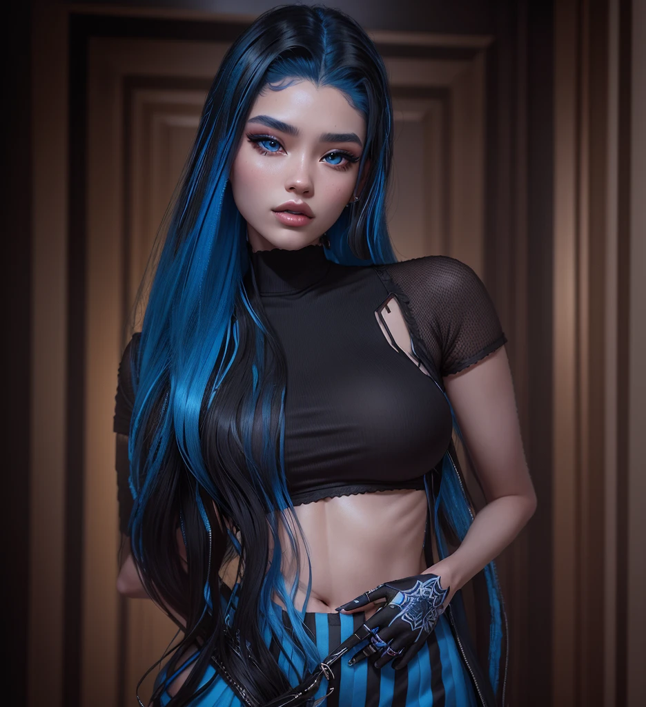 AVATAR SECOND LIFE Korean girl black black jumpsuit, asiática hair blue, hair blue, hair blue, Perfect and detailed face, imvu, maximalist details, AVATAR SECOND LIFE Korean blouse and pants , neon, hair blue,, hair full blue, hair blue, all blue hair, ASIAN GIRL, KOREAN GIRL