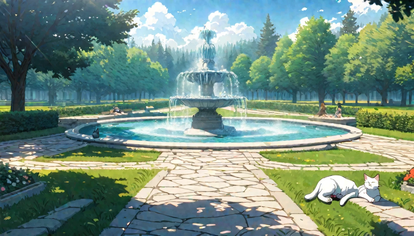  summer heat, anime aestetics, noon, park full of trees, big fountain in the center, greek style fountain, beautiful white cat laying on the road, sleeping cat, cat focus, laz cat, fluffy cat, calm summer days, green and blue colors, perfect shadows, beauty of nature, stone roads, wide shot, atmospheric perspective, perspective, 4K, 8k, best quality, award winning, anatomically correct, super detail, masterpiece