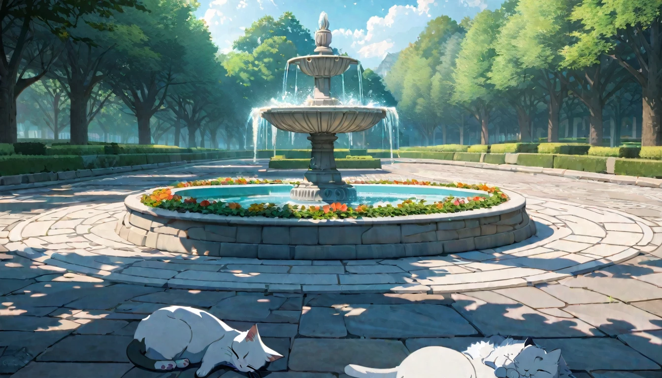  summer heat, anime aestetics, noon, park full of trees, big fountain in the center, greek style fountain, beautiful white cat laying on the road, sleeping cat, cat focus, laz cat, fluffy cat, calm summer days, green and blue colors, perfect shadows, beauty of nature, stone roads, wide shot, atmospheric perspective, perspective, 4K, 8k, best quality, award winning, anatomically correct, super detail, masterpiece