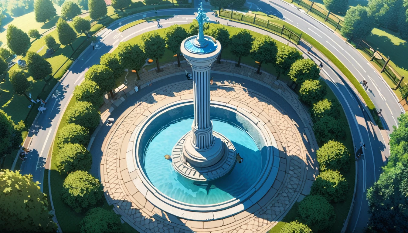 summer heat, anime aestetics, noon, park full of trees, big fountain in the center, greek style fountain, beautiful white cat laying on the road, sleeping cat, cat focus, laz cat, fluffy cat, calm summer days, green and blue colors, perfect shadows, beauty of nature, stone roads, wide shot, atmospheric perspective, perspective, 4K, 8k, best quality, award winning, anatomically correct, super detail, masterpiece