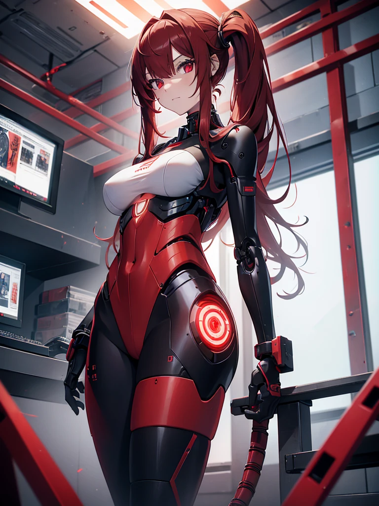 1girl, long red hair, robotic female connected to super computer, android, half robot, visible metal spine, red tubes, red cables, evil computer base, absurdres, high res, ultrasharp, 8K, masterpiece, high details , standing ,big ass , big berast , wihte dietails