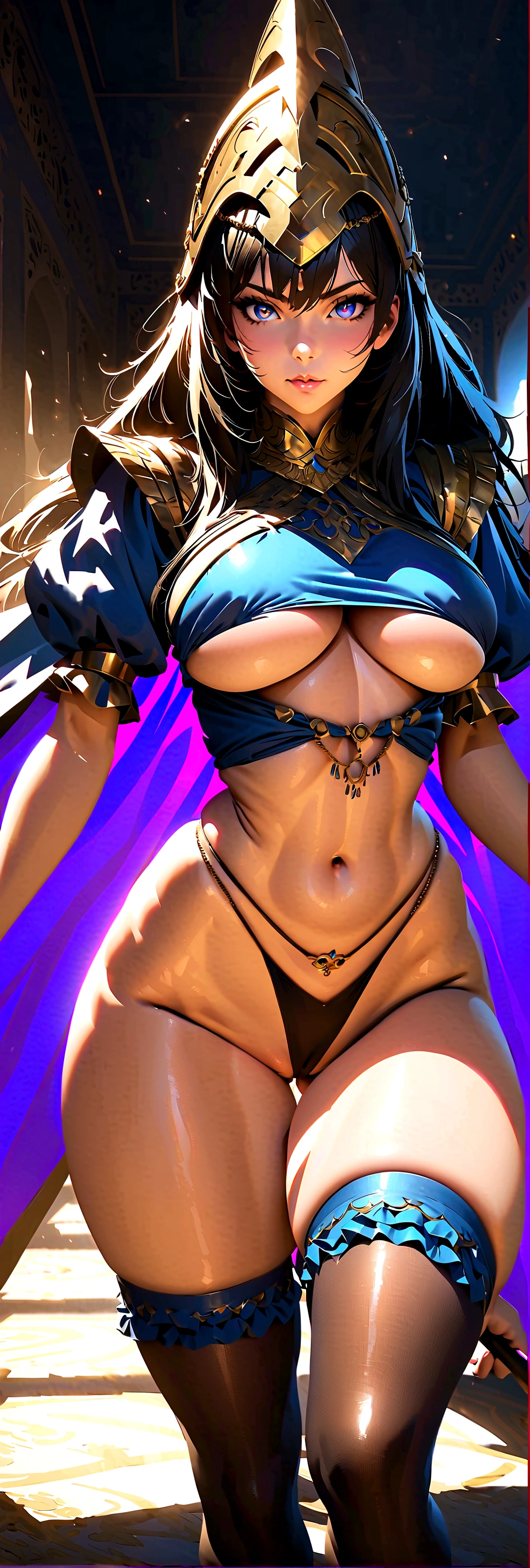 busty bimbo persian warrior, (((persian))), fit (persian facial features), (persian body shape), glossy eyes, ((beautiful)), looking straight, sexy, (serious expression), stoic, ((oriental)), ((hyper sexualized)), raunchy, hourglass body, ((sexy)), (((from the front))), holding a spear, ((perfect)), (feminine), walking dramatically, hip sway, gold belly chain, (persian frilly high high miniskirt), persian silk thigh highs, persian puffy sleeves, persian frilly baggy blouse, persian high rise thong, persian micro billowing cape, persian helmet, voluptuous round juicy , underboob, voluptuous round strong ass, strong thighs, sexy hips, full shapely body, curvy, ornate persian jewelry, vibrant aura, smooth shiny skin, (sexy lighting), persian background, smooth clean lines, ultra textured, highest resolution, maximum quality, max detail, vivid colors, max texture, energetic composition, dramatic lighting, crystal clear, depth perspective, high contrast, seamlessly blended, photorealistic, chromatic aberration, subpixel precision, bokeh effect depth art, anamorphic perspective, hdr high dynamic range, spectral color graded, photometric lighting
