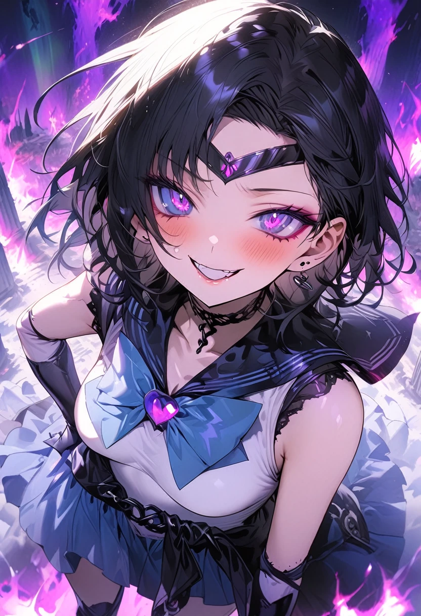 masterpiece, best quality, ultra-detailed, illustration, beautiful detailed eyes, ecstasy, happy, blush, looking at viewer, pillars of purple fire, Feeling magical energy, hand on own hip, dark persona, evil smile, Leading a ritual, aurora, wasteland, , beautiful art, high res, perfect face, detailed outfit, Dark Mercury, Mizuno Ami, blue hair, dark blue eyes, dark blue sailor collar, white leotard, black chain around the waist, black and blue bow on the chest and on the back, white elbow gloves, blue skirt, high-knee boots, black tiara, purple eyeshadow,