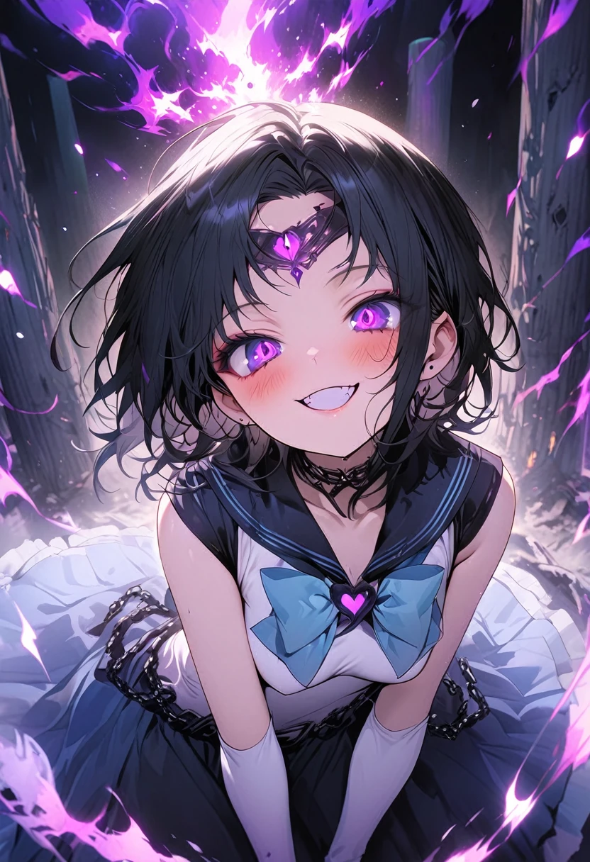 masterpiece, best quality, ultra-detailed, illustration, beautiful detailed eyes, ecstasy, happy, blush, looking at viewer, pillars of purple fire, Feeling magical energy, hand on own hip, dark persona, evil smile, Leading a ritual, aurora, wasteland, , beautiful art, high res, perfect face, detailed outfit, Dark Mercury, Mizuno Ami, blue hair, dark blue eyes, dark blue sailor collar, white leotard, black chain around the waist, black and blue bow on the chest and on the back, white elbow gloves, blue skirt, high-knee boots, black tiara, purple eyeshadow,