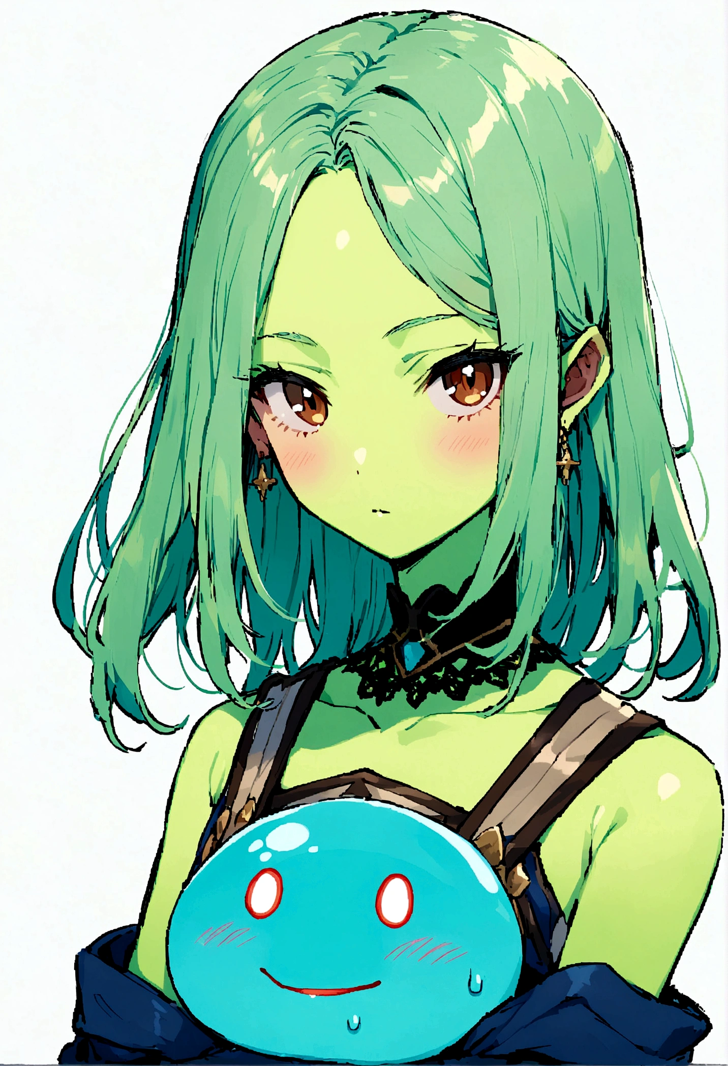 Slime Green Skin Girl, with brown eyes, semi blue and semi green hair, with clothes.