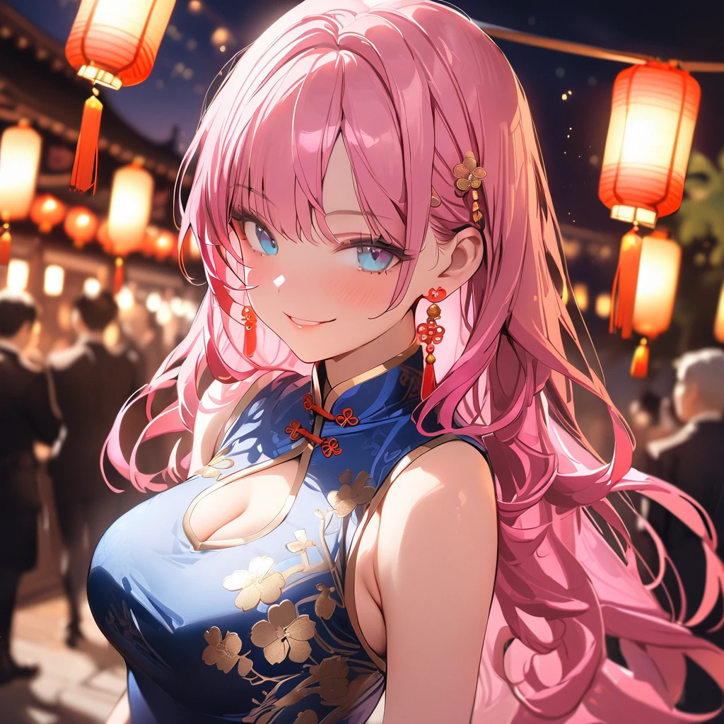 vibrant colors, female, masterpiece, sharp focus, best quality, depth of field, cinematic lighting, a woman with pink hair in a blue dress with gold trim and lanterns, 1girl, solo, breasts, blue eyes, dress, long hair, chinese clothes, pink hair, looking at viewer, earrings, smile, china dress, jewelry, hand on hip, cleavage cutout, clothing cutout, bangs, short sleeves, cleavage, covered navel,
