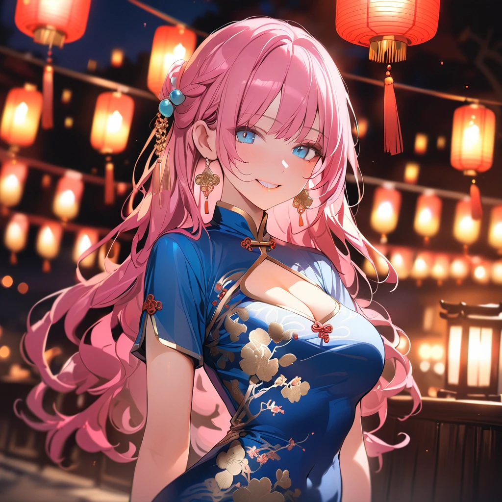 vibrant colors, female, masterpiece, sharp focus, best quality, depth of field, cinematic lighting, a woman with pink hair in a blue dress with gold trim and lanterns, 1girl, solo, breasts, blue eyes, dress, long hair, chinese clothes, pink hair, looking at viewer, earrings, smile, china dress, jewelry, hand on hip, cleavage cutout, clothing cutout, bangs, short sleeves, cleavage, covered navel,